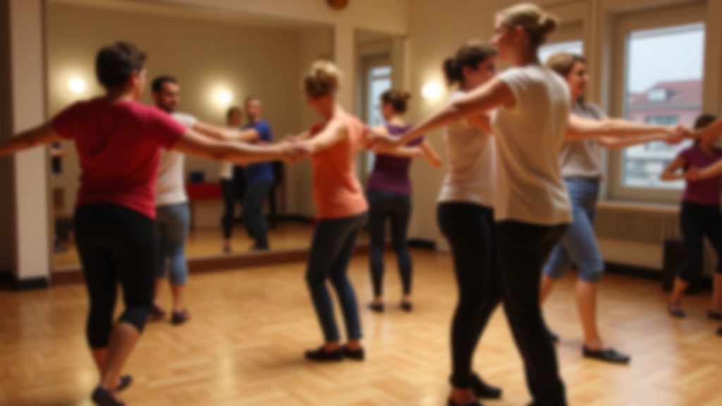 Group of beginner dancers practicing together in a dance studio during a class session