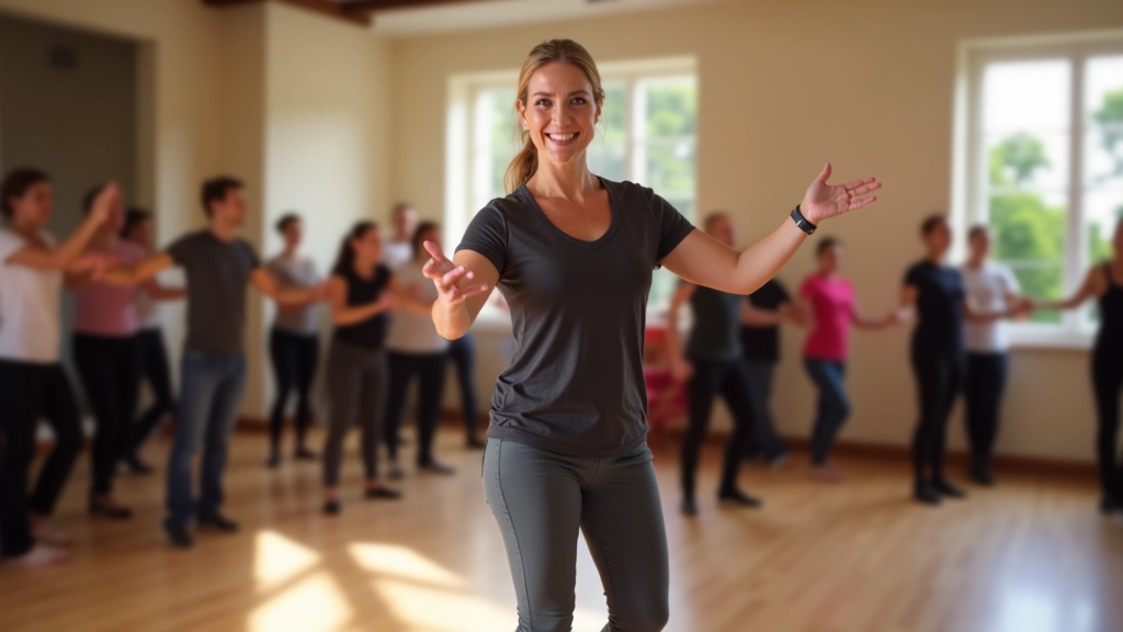 Instructor demonstrating salsa footwork in front of a group of attentive adult students in a dance studio