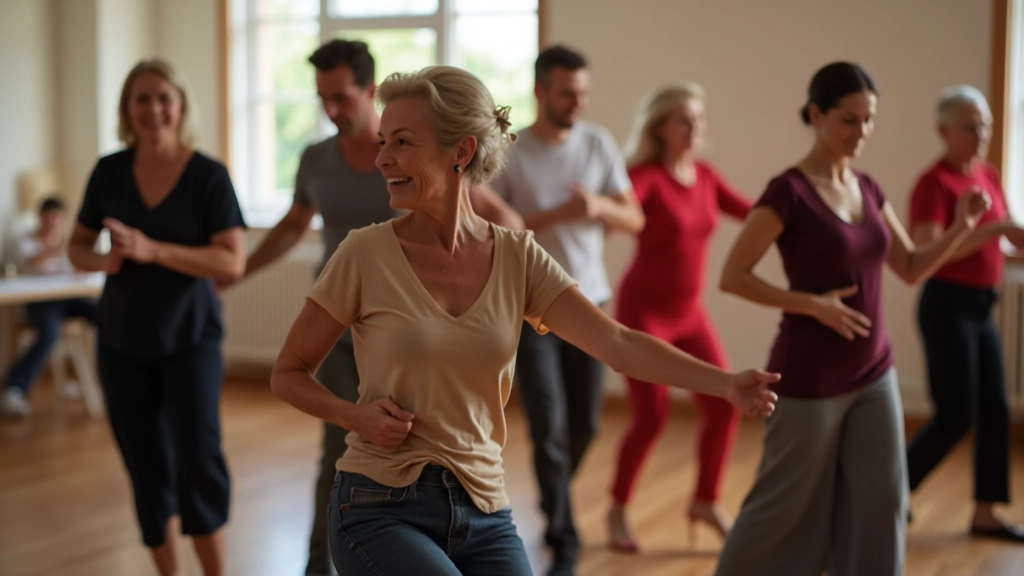Group of adult dancers aged 45-60 in a salsa class, practicing basic steps together with smiles, showing inclusive learning environment