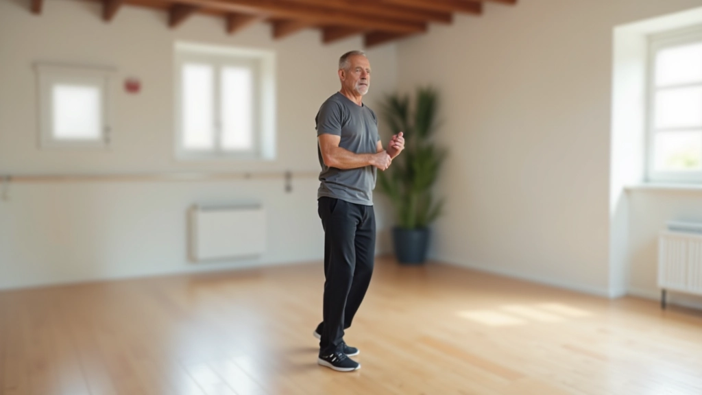 Mature adult concentrating on footwork during dance class, showing balance and coordination, bright studio setting with wooden floor