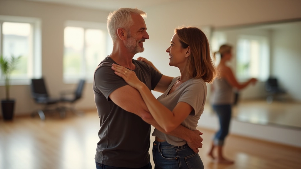 Energetic older adult couple dancing together in a bright dance studio with mirrors, both smiling and engaged in movement