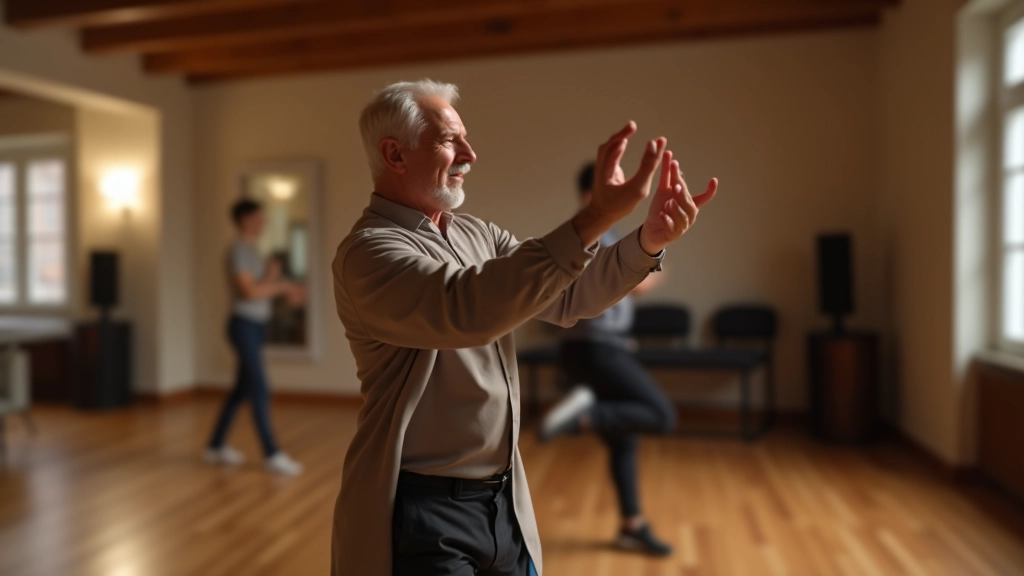 Mature male dancer leading in salsa, demonstrating proper posture with engaged core and confident frame positioning