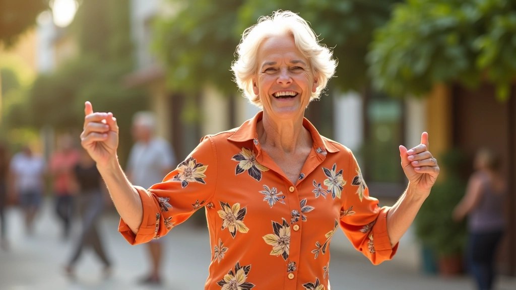 Smiling older adult woman dancing with joy and freedom, natural outdoor lighting, portrait from chest up